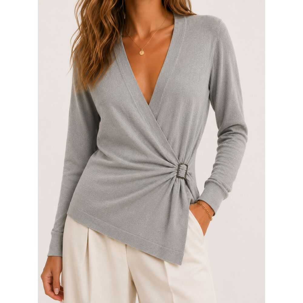 BCBGMAXAZRIA Silk Cashmere Wrap Sweater Gray Buckle Tie Front Cardigan M Romania